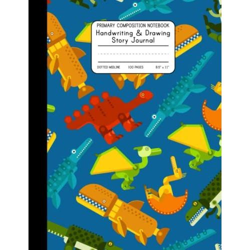 Primary Composition Notebook - Handwriting And Drawing Story Journal: Robot Sharks, Dotted Midline, 100 Pages, For Grades K - 2, 8.5 X 11   de Press, Peri  Format Broch 