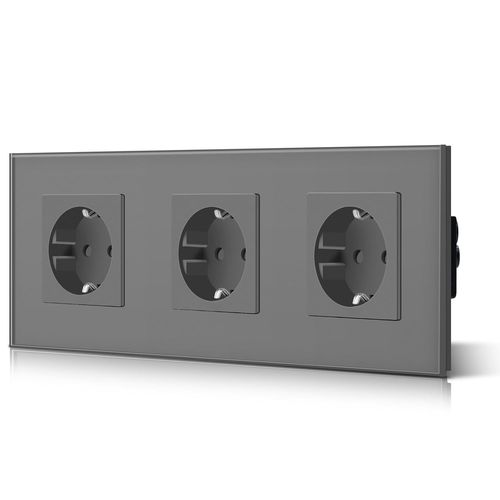 Prise Triple Schuko Normal - 3 Prises - Norme Ue - Encastre - Avec Cble De Terre - Installation Facile - Plaque En Verre Cristal - 16 A - 250 V - Rallonge 228 Mm - Gris[Mat790460]