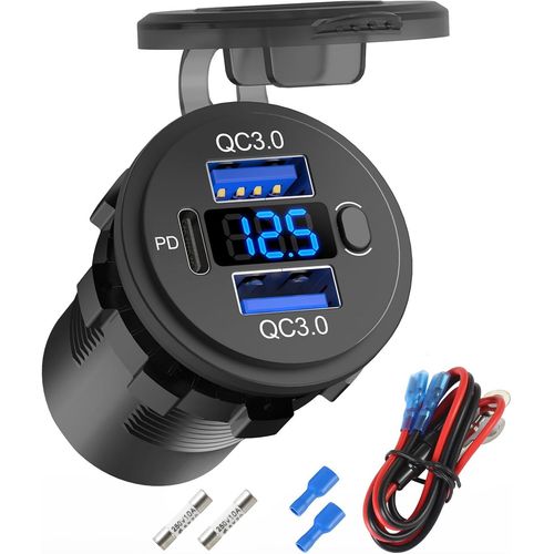 Prise Usb 12 Volts Double Port Qc 3.0 Et Prise Chargeur Usb C Pd3.0 Pour Voiture,Kit De Remplacement De Prise Allume-Cigarette 12v tanche Avec Voltmtre Et Interrupteur Pour Voiture,Bateau.[J2]