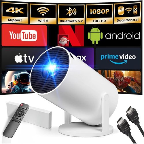 Projecteur 4K Portable Avec Tlcommande Incluse Avec Android 11.0, Full Hd Wifi 6, Bluetooth, Rotation  180 Degrs, Portable, Smart Projecteur, Auto Keystone | Applications Compatibles