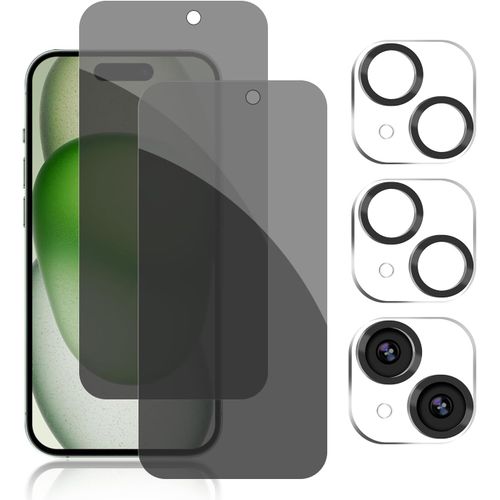 Protection d'cran et Objectif Appareil Photo pour iPhone 15 Plus - Verre Tremp Anti-Espion 9H, Antireflet, Compatible Face ID et Prise de Nuit, 4 Pices (2 cran + 2 Objectif)