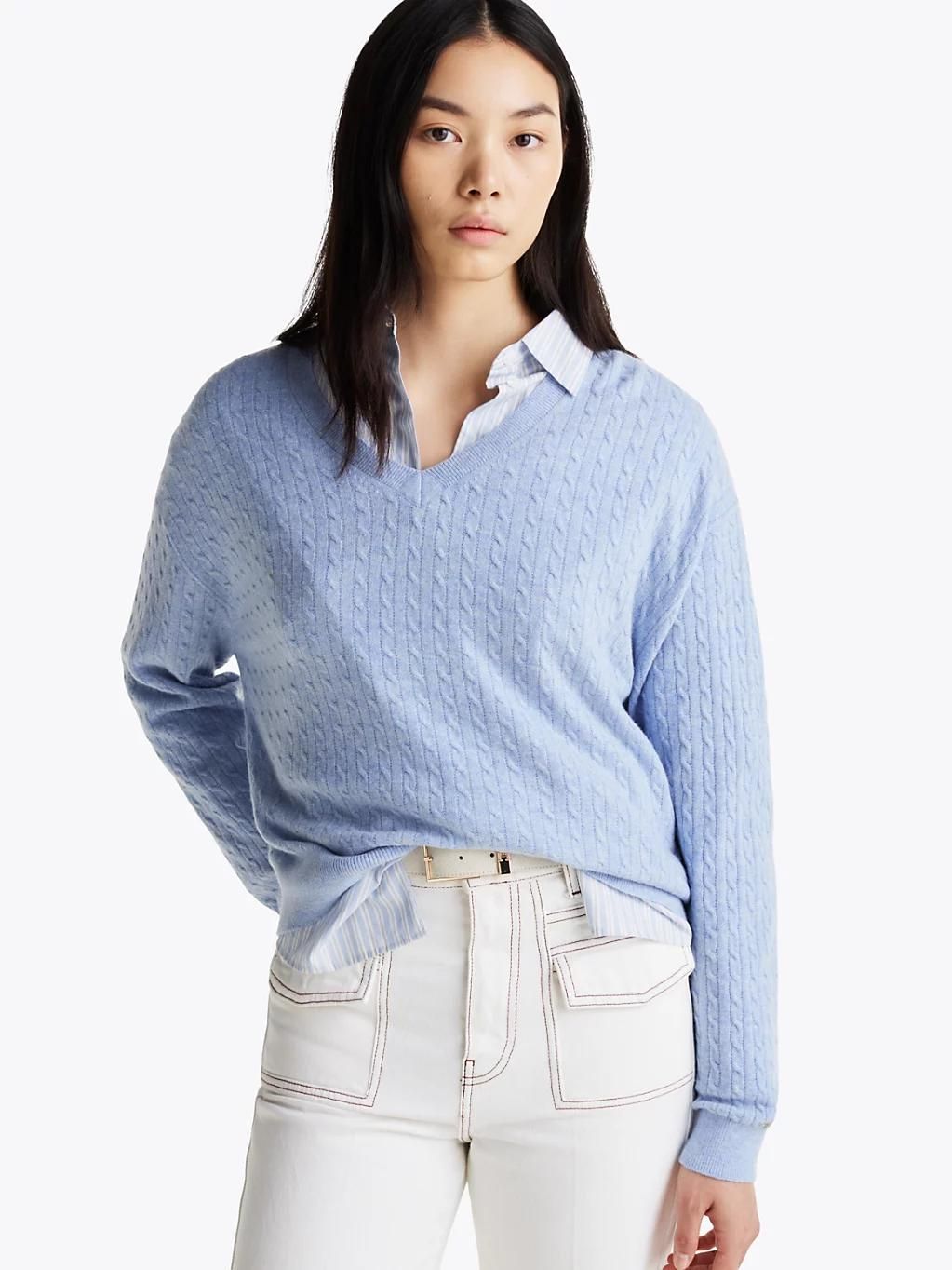 Pull En Maille Torsade De Laine Mlange Mini Cable Ls V-Nk Swt/Light Blue - Xxl