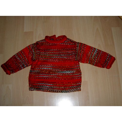 Pull Manches Longues Col Rond Rouge  Rayures Vertes Et Oranges Fait Main Taille 18 Mois