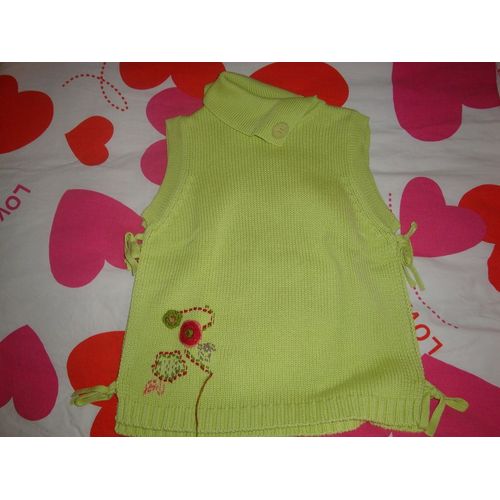 Pull Vert Anis Taille 12ans Avec Fleurs Tricotes Et Brodes Sans Manches Et Col Rabattu En Pointe
