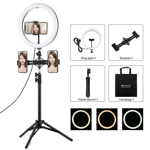 PULUZ 11,8 pouces 30 cm dimmable double temprature de couleur LED anneau lumire de remplissage PU457B + PU419 trpied + PU394 double position barre horizontale diffusion en direct ensemble pince pour tlphone portable (couleur : noir) - 4,7 pouces