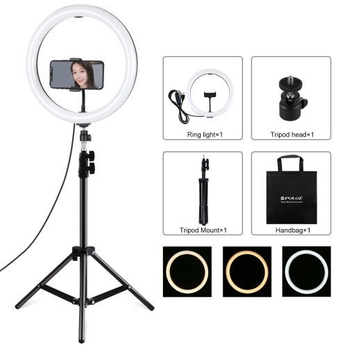 PULUZ 11,8 pouces 30 cm LED anneau lumineux  double temprature de couleur  intensit variable + trpied PU419 ensemble de diffusion en direct pince pour tlphone portable (couleur : noir) - 4,7 pouces
