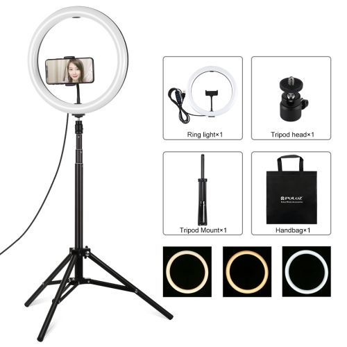 PULUZ 11,8 pouces 30 cm LED anneau lumineux de remplissage  double temprature de couleur  intensit variable PU457B + PU450B trpied ensemble de diffusion en direct pince pour tlphone portable (couleur : noir) - 4,7 pouces