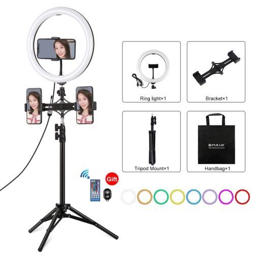 PULUZ 26 cm RGBW anneau lumineux incurv + trpied PU419 + barre horizontale double position PU394 ensemble de diffusion en direct avec tlcommande et pince pour tlphone portable (couleur : noir)