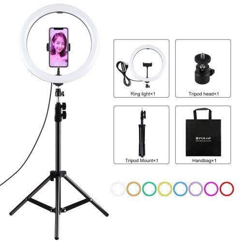 PULUZ 30 cm 11,8 pouces bouton incurv couleur LED anneau de remplissage lumire PU524 + 1,1 m trpied PU419 ensemble de diffusion en direct (couleur : noir) - 6,2 pouces RGBW
