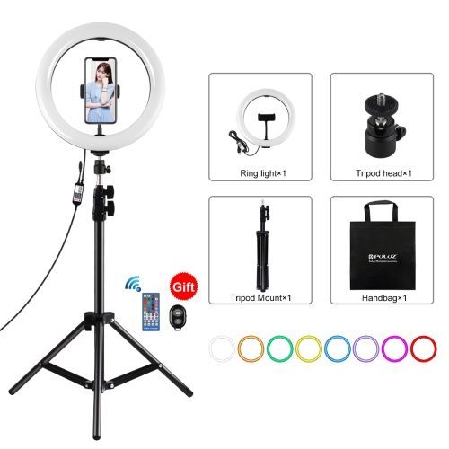 PULUZ Anneau lumineux incurv RGBW 26 cm PU455B + trpied PU419, kit de diffusion en direct avec tlcommande et clip pour tlphone (couleur : noir)