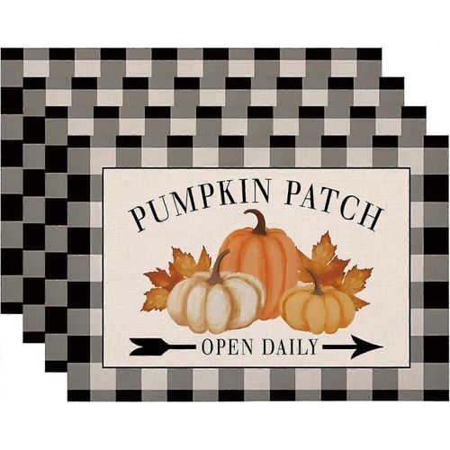 Pumpkin Patch Automne Sets De Table Set De 4, 12x18 Pouces Automne Thanksgiving Ferme Rustique Noir Plaid Saisonnier Vacances Extrieur Table  Manger Sets De Table Fo