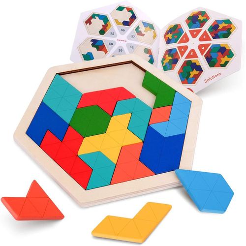 Puzzle en Bois pour Enfants - Forme hexagonale Motif Tetris Bloc Tangram Logic IQ Jeu STEM Montessori Casse-tte Jouet Cadeau pour Adolescents
