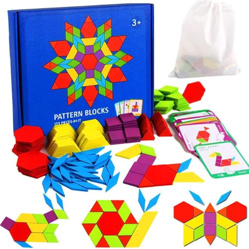 Puzzle en Bois Tangram, Jouets Montessori ducatifs Classiques,155 pices de Forme Gomtrique et 24 Cartes de Conception, Cadeaux pour Les Petits Garons Filles Enfant de 3 4 5 6 7 Ans