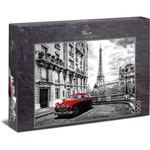 Puzzle Paris: Puzzle 1000 Pices - Motif Nostalgique De Paris En Noir Et Blanc Avec Voiture Rouge, Tour Eiffel En Arrire-Plan