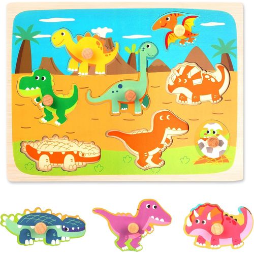 Puzzles en Bois  Bouton, Puzzle Encastrement avec Panneaux Perfors, Jouet ducatif Montessori ducatif Tableau de Tri de Puzzles pour Bbs Tout-Petits Enfants 2 3 4 Ans (Dinosaure).[G1108]