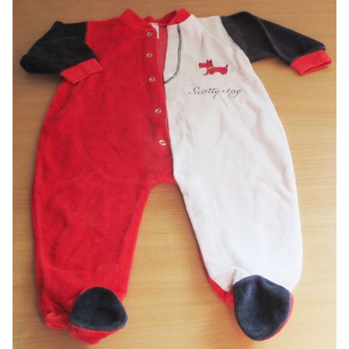 Pyjama Bb 12mois-Rouge/Blanc/Bleu Marine Aspect Velours-Application DUn Chien Et Mention Scottish Dog-Ouverture Totale Par Pressions-80%Coton/20%Polyester-Ancien Et Dj Port
