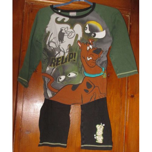 Pyjama Garon - Ladybird - Taille 9/10 Ans (140cm) - Haut Manches Longues, Vert Fonc Avec Grand Motif Scooby-Doo, Pantalon Noir Uni Mais Avec Rappel Du Motif Sur Une Jambe - 100% Coton
