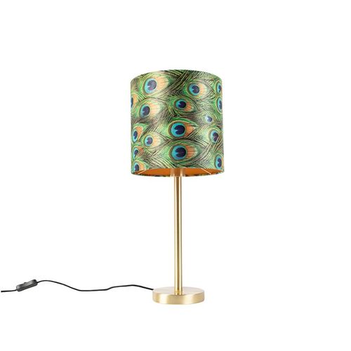 Qazqa Art Deco /Design Lampe De Table / Lampe á Poser / Luminaire / Lumiere / ÉClairage Botanique En Laiton Avec Abat-Jour Paon 25 Cm - Simplo Acier /Tissu Multicolore,Dor/Laiton Cylindre / IntRieur / Salon E27 Max. 1 X 60 Watt