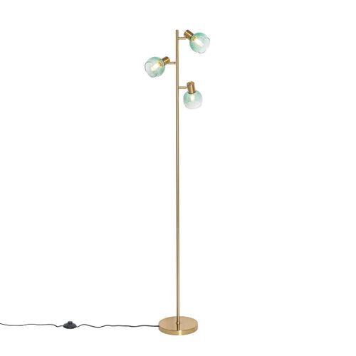 Qazqa Art Deco Lampadaire / Lampe De Sol / Lampe Sur Pied / Luminaire / Lumiere / clairage Art Dco Or / Dore / D'or Avec Verre Vert 3 Lumires - Vidro Acier / Vert,Dor/Laiton Oblongue /...