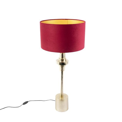 Qazqa Art Deco Lampe De Table / Lampe á Poser / Luminaire / Lumiere / ÉClairage Art DCo Avec Abat-Jour En Velours Rouge 35 Cm - Diverso Aluminium /Tissu Rouge,Dor/Laiton Cylindre /...