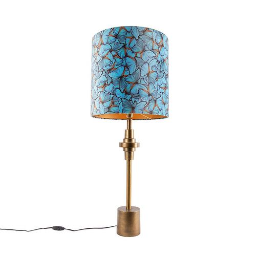 Qazqa Art Deco Lampe De Table / Lampe á Poser / Luminaire / Lumiere / ÉClairage Bronze Velours Abat-Jour Papillon Design 40 Cm - Diverso Aluminium /Tissu Multicolore,Bronze Cylindre...