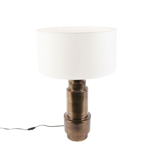 Qazqa Art Deco Lampe De Table / Lampe  Poser / Luminaire / Lumiere / clairage Art Deco Avec Abat-Jour Blanc 50 Cm - Bruut Acier /Tissu Blanc,Bronze Cylindre / Intrieur / Salon E27 Max. 1...