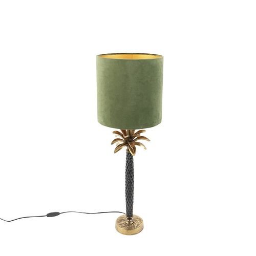 Qazqa Art Deco Lampe De Table / Lampe  Poser / Luminaire / Lumiere / clairage Art Dco Avec Abat-Jour En Velours Vert 25 Cm - Areka Aluminium /Tissu Noir,Vert,Bronze Cylindre /Oblongue /...