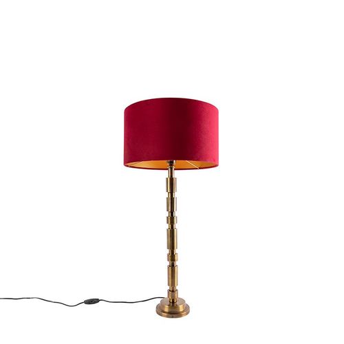 Qazqa Art Deco Lampe De Table / Lampe  Poser / Luminaire / Lumiere / clairage Art Dco Bronze 35 Cm Abat-Jour Velours Rouge - Torre Aluminium /Tissu Rouge,Bronze Cylindre /Oblongue /...
