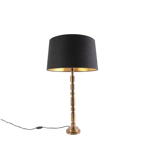 Qazqa Art Deco Lampe De Table / Lampe  Poser / Luminaire / Lumiere / clairage Art Dco Bronze Avec Abat-Jour En Coton Noir 45 Cm - Torre Aluminium /Coton Noir,Bronze Oblongue /Rond Oblique...