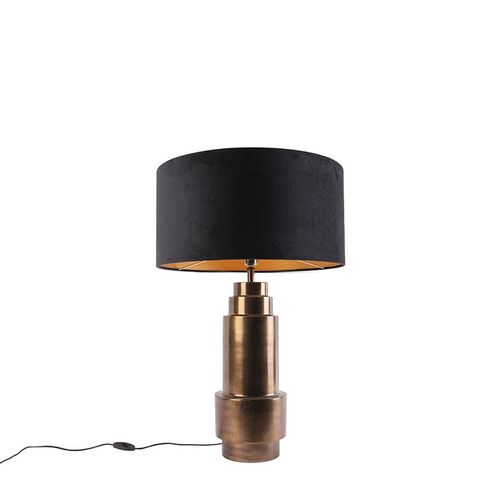Qazqa Art Deco Lampe De Table / Lampe  Poser / Luminaire / Lumiere / clairage Art Dco Bronze Velours Abat-Jour Noir Avec Or / Dore / D'or 50cm - Bruut Acier /Tissu Noir,Bronze Cylindre...