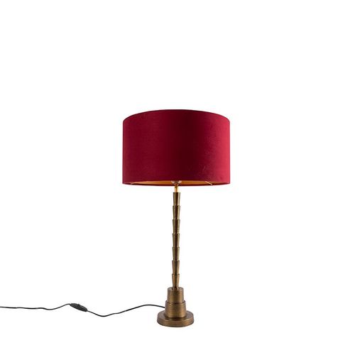 Qazqa Art Deco Lampe De Table / Lampe  Poser / Luminaire / Lumiere / clairage Art Dco Bronze Velours Abat-Jour Rouge 35 Cm - Pisos Aluminium /Tissu Brun Rouille,Bronze Cylindre /Oblongue...