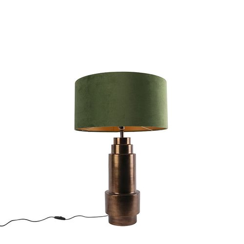 Qazqa Art Deco Lampe De Table / Lampe  Poser / Luminaire / Lumiere / clairage Art Dco Bronze Velours Abat-Jour Vert Avec Or / Dore / D'or 50cm - Bruut Acier /Tissu Vert,Bronze Cylindre...