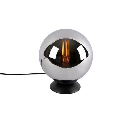 Qazqa Art Deco Lampe De Table / Lampe  Poser / Luminaire / Lumiere / clairage Art Dco Noir Avec Verre Fum - Pallon /Acier Chrome,Noir Globe / Intrieur / Salon E27 Max. 1 X 25 Watt