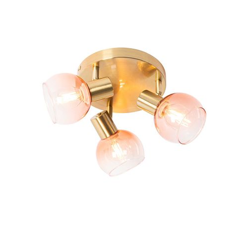 Qazqa Art Deco Plafonnier Art Dco Or / Dore / D'or Avec Verre Rose 3 Lumires - Vidro Acier / Rose,Dor/Laiton Rond / Luminaire / Lumiere / clairage / Intrieur / Salon / Cuisine E14 Max....