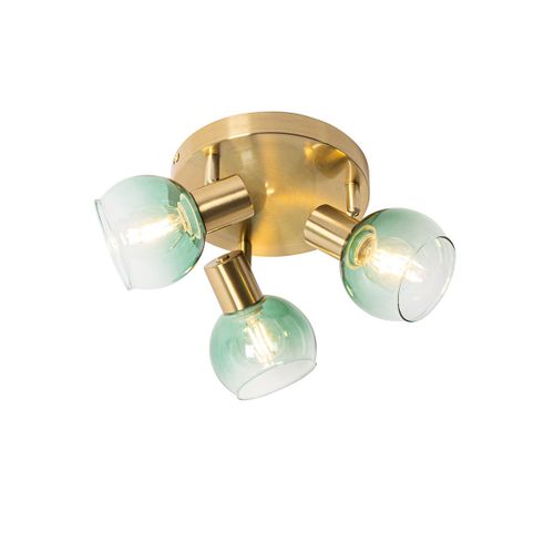 Qazqa Art Deco Plafonnier Art Dco Or / Dore / D'or Avec Verre Vert 3 Lumires - Vidro Acier / Vert,Dor/Laiton Rond / Luminaire / Lumiere / clairage / Intrieur / Salon / Cuisine E14 Max....