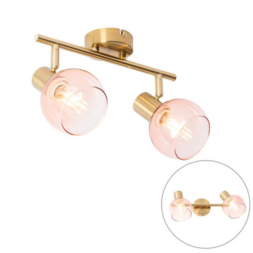 Qazqa Art Deco Plafonnier Spot Art Dco Or / Dore / D'or Avec Verre Rose 2 Ampoules Lumires - Vidro Acier / Rose,Dor/Laiton Oblongue / Luminaire / Lumiere / clairage / Intrieur / Salon...