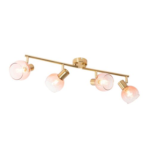 Qazqa Art Deco Plafonnier Spot Art Dco Or / Dore / D'or Avec Verre Rose 4 Lumires - Vidro Acier / Rose,Dor/Laiton Oblongue / Luminaire / Lumiere / clairage / Intrieur / Salon / Cuisine...