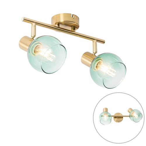 Qazqa Art Deco Plafonnier Spot Art Dco Or / Dore / D'or Avec Verre Vert 2 Ampoules Lumires - Vidro Acier / Vert,Dor/Laiton Oblongue / Luminaire / Lumiere / clairage / Intrieur / Salon...