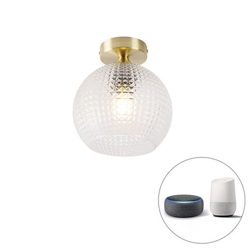 Qazqa Art Deco Smart Art Deco Plafondlamp Messing Incl. Wifi A60 - Sphere Verre /Acier Dor/Laiton Rond / Luminaire / Lumiere / clairage / Intrieur / Salon / Cuisine E27 Max. 1 X 7 Watt