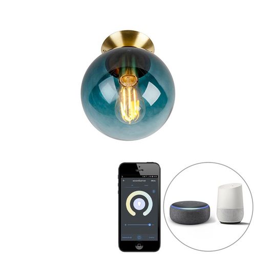 Qazqa Art Deco Smart Plafondlamp Messing Met Oceaanblauw Glas Incl. Wifi St64 - Pallon Verre /Acier Bleu,Dor/Laiton Globe / Luminaire / Lumiere / ÉClairage / IntRieur / Salon / Cuisine...