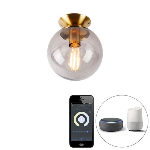 Qazqa Art Deco Smart Plafondlamp Messing Met Smoke Glas Incl. Wifi St64 - Pallon Verre /Acier Dor/Laiton Globe / Luminaire / Lumiere / ÉClairage / IntRieur / Salon / Cuisine E27 Max. 1...