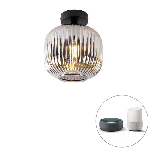 Qazqa Art Deco Smart Plafondlamp Zwart Met Smoke Glas Incl. Wifi A60 - Karel Verre /Acier Noir Rond / Luminaire / Lumiere / clairage / Intrieur / Salon / Cuisine E27 Max. 1 X 7 Watt