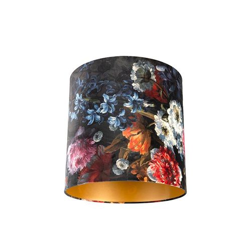 Qazqa Classique/Antique Coton Abat-Jour Velours Motif Floral 40/40/40 Dor  L'intrieur , Rond / Cylindrique Abat-Jour Suspendu ,Abat-Jour Lampadaire