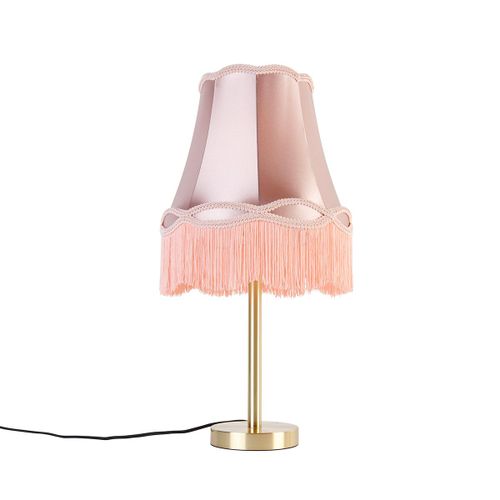Qazqa Classique/Antique Klassieke Tafellamp Messing Met Granny Kap Roze 30 Cm - Simplo Acier /Tissu Rose,Dor/Laiton Oblongue / Luminaire / Lumiere / clairage / Intrieur / Salon E27 Max. 1...