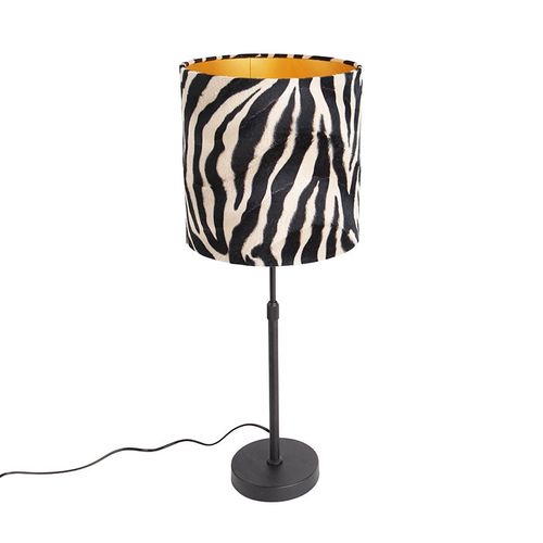 Qazqa Classique/Antique Lampe De Table / Lampe á Poser / Luminaire / Lumiere / ÉClairage Abat-Jour Noir Design ZBre 25 Cm RGlable - Parte Acier /Tissu Noir,Imprim ZBre Cylindre / Lampe De Lecture / IntRieur / Salon E27 Max. 1 X 60 Watt