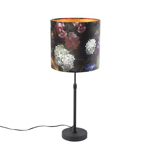Qazqa Classique/Antique Lampe De Table / Lampe á Poser / Luminaire / Lumiere / ÉClairage Noir Avec Abat-Jour En Velours Fleurs D'or 25 Cm - Parte Acier /Tissu Multicolore Cylindre...