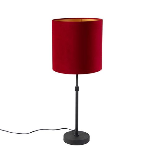 Qazqa Classique/Antique Lampe De Table / Lampe á Poser / Luminaire / Lumiere / ÉClairage Noir Avec Abat-Jour En Velours Rouge Avec Or / DorE / D'or 25 Cm - Parte Acier /Tissu Rouge,Noir...