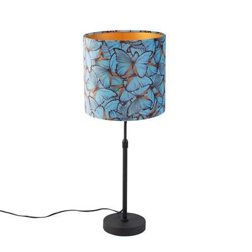 Qazqa Classique/Antique Lampe De Table / Lampe á Poser / Luminaire / Lumiere / ÉClairage Noir Avec Abat-Jour Velours Papillons Avec Or / DorE / D'or 25 Cm - Parte Acier /Tissu...
