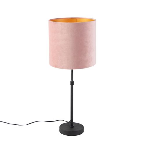 Qazqa Classique/Antique Lampe De Table / Lampe á Poser / Luminaire / Lumiere / ÉClairage Noir Avec Abat-Jour Velours Rose Avec Or / DorE / D'or 25 Cm - Parte Acier /Tissu Rose,Noir...