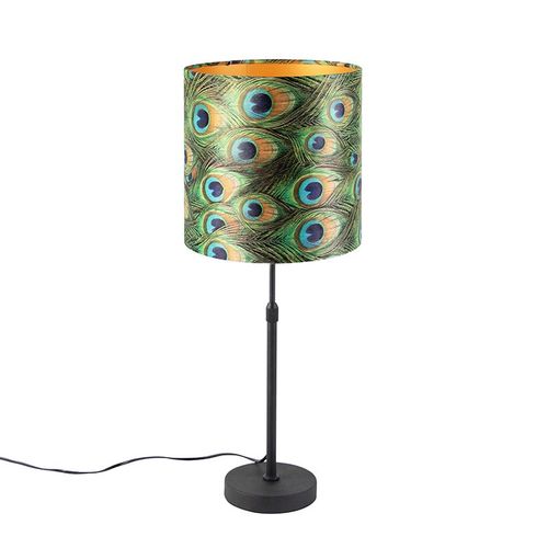 Qazqa Classique/Antique Lampe De Table / Lampe  Poser / Luminaire / Lumiere / clairage Noir Avec Abat-Jour En Velours Paon Avec Or / Dore / D'or 25 Cm - Parte Acier /Tissu...